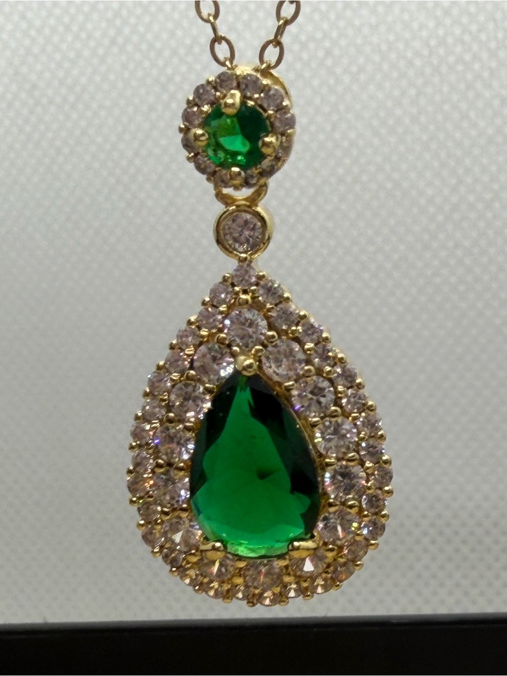Gold Teardrop Necklace with Emerald Green Teardrop Stone and Crystal Halo - Picture 2 of 4